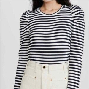 Rebecca Minkoff Talia Black White Striped Knit Puff Sleeve Sweater Top XS